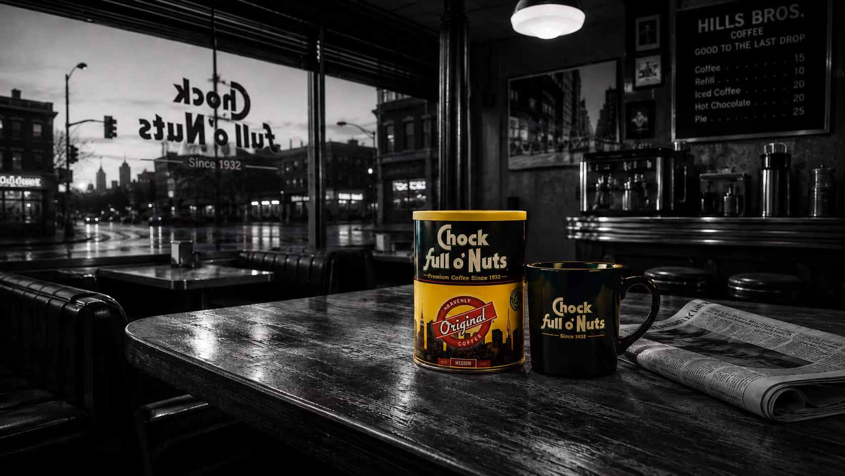 A Chock full o'Nuts coffee can and mug on a New York diner counter at dusk