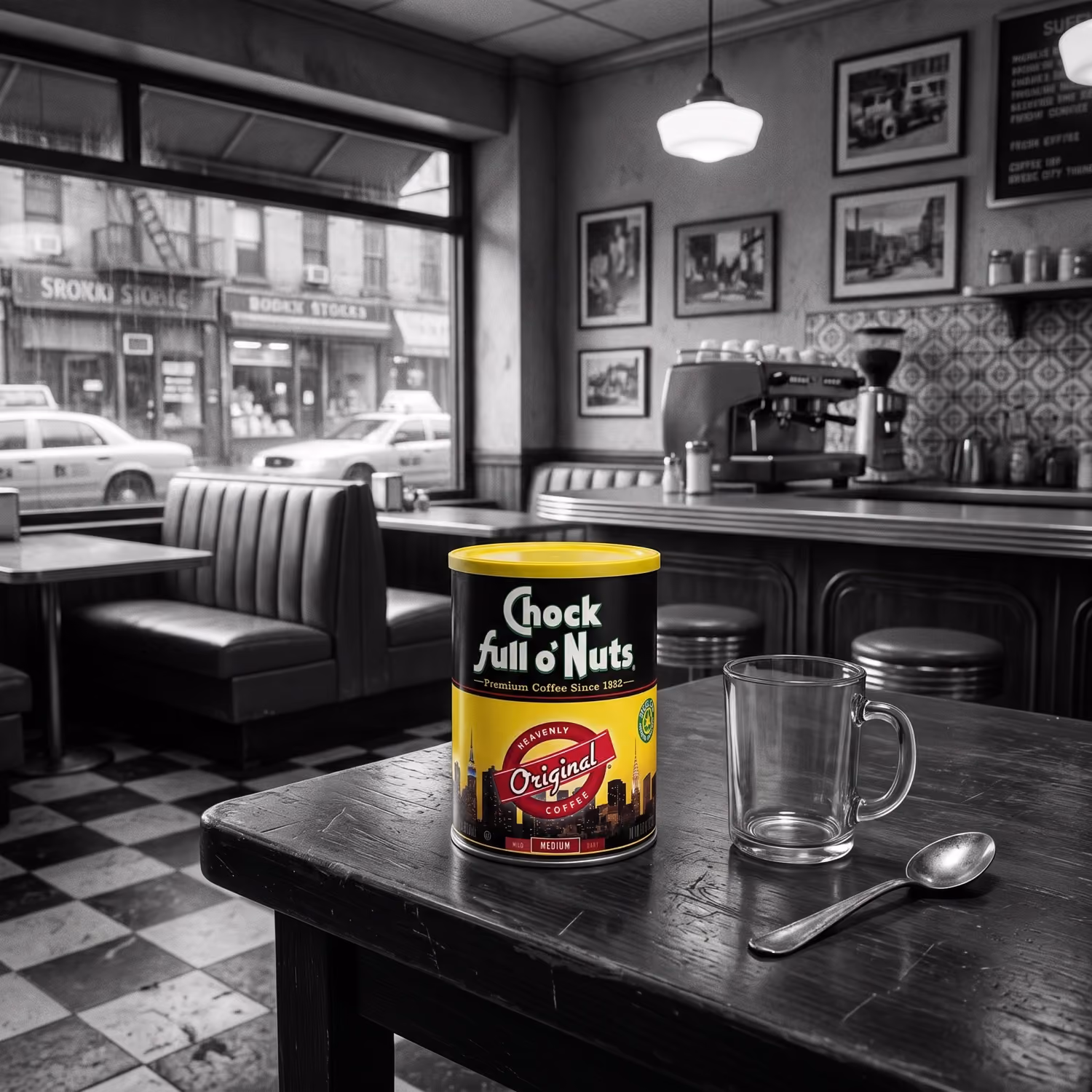 A Chock full o'Nuts Original can and a glass mug on a New York diner table