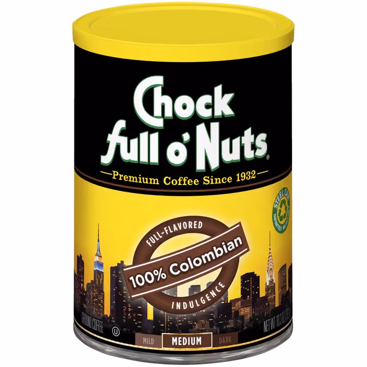 A can of Chock full o'Nuts 100% Colombian medium roast coffee