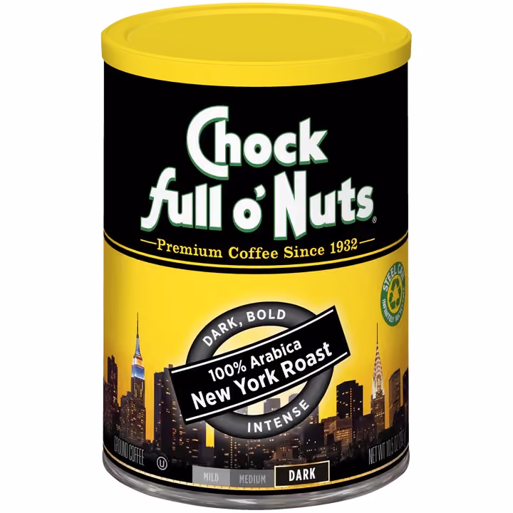 A can of Chock full o'Nuts New York Roast dark coffee
