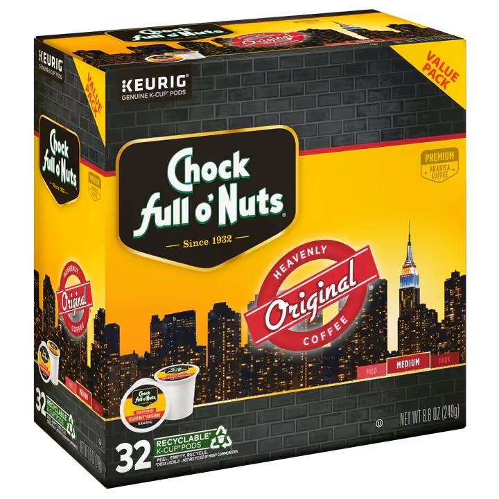 A box of Chock full o'Nuts Original single-serve K-Cup pods