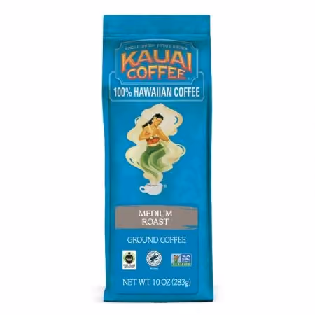 A bag of Kauai Coffee Medium Roast ground coffee