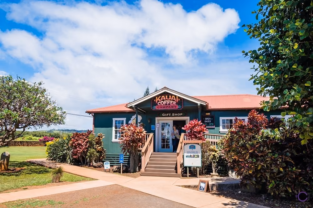 The Kauai Coffee visitor centre surrounded by tropical planting