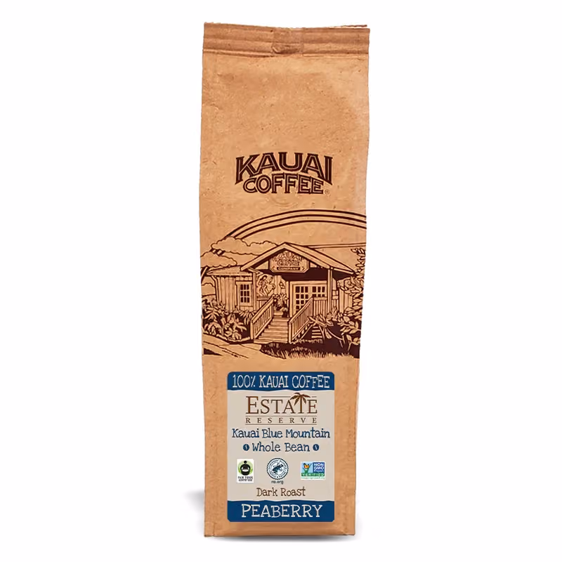 A bag of Kauai Coffee Estate Reserve Peaberry coffee