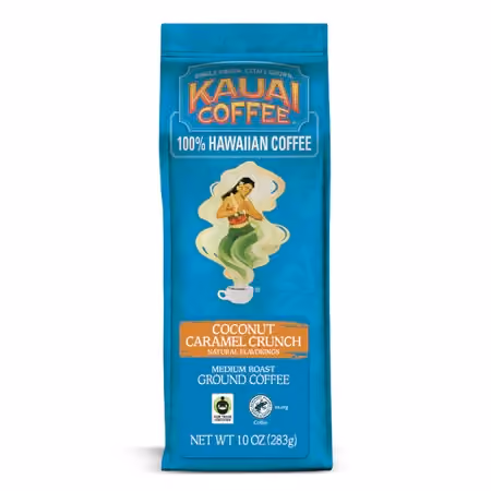A bag of Kauai Coffee Coconut Caramel Crunch ground coffee