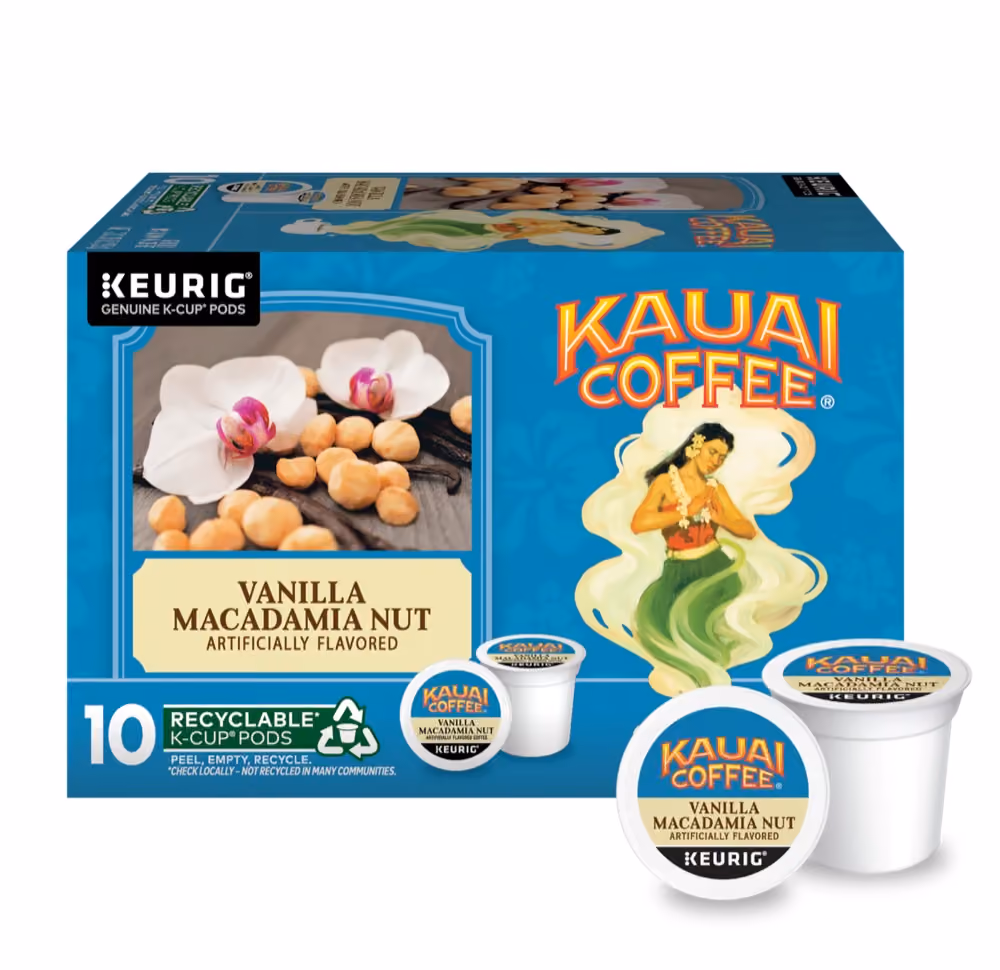A box of Kauai Coffee Vanilla Macadamia Nut single-serve pods