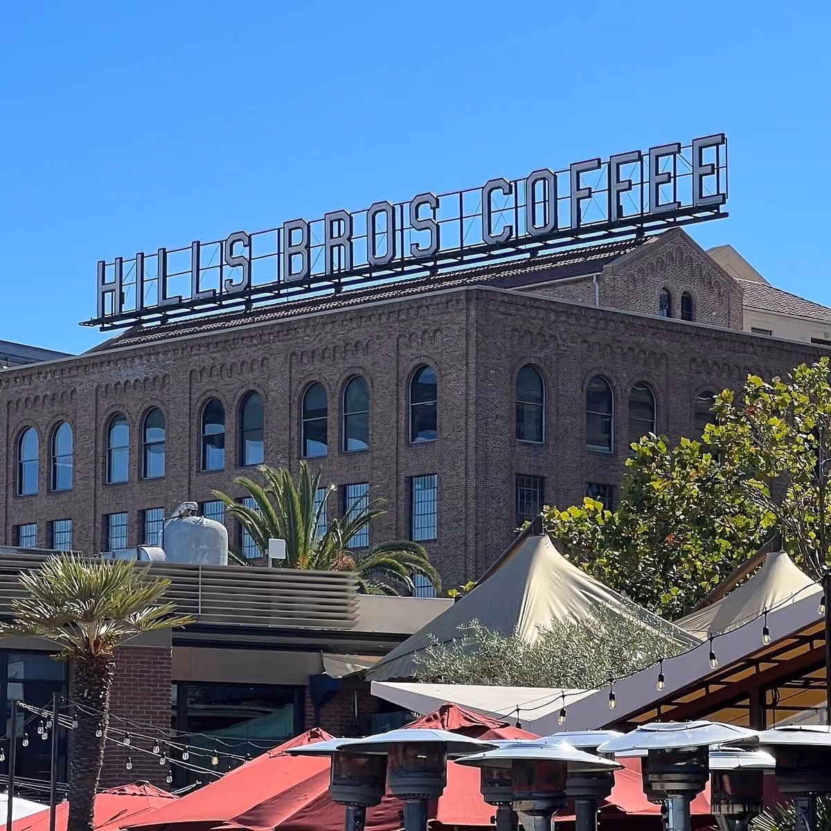 The Hills Bros. Coffee building sign on the San Francisco waterfront