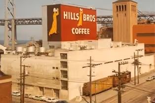 The Hills Bros. Coffee sign on the roof of the company's factory