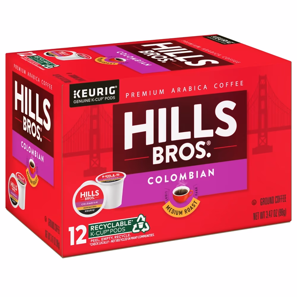 A box of Hills Bros. Colombian Keurig K-Cup pods