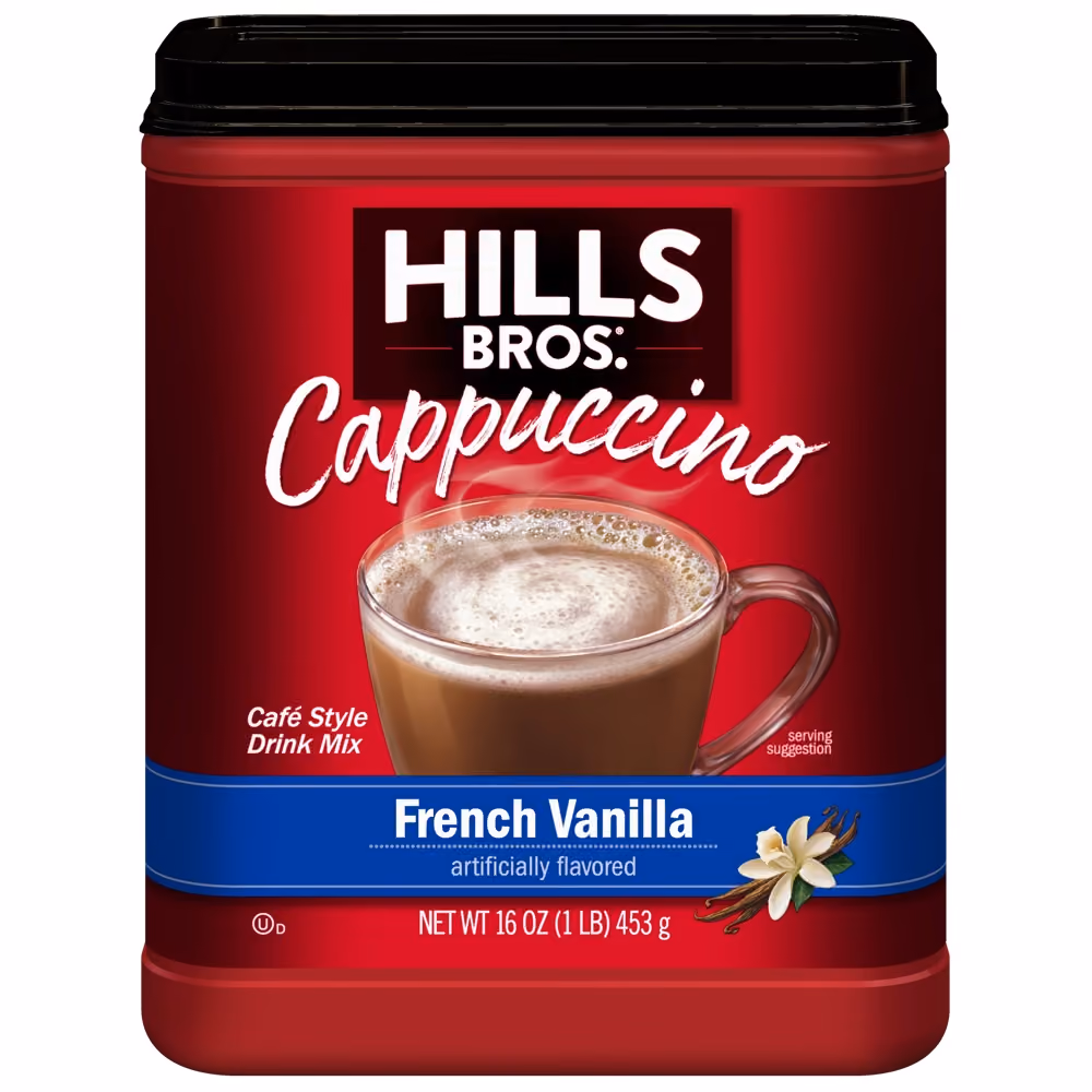A canister of Hills Bros. French Vanilla cappuccino instant drink mix