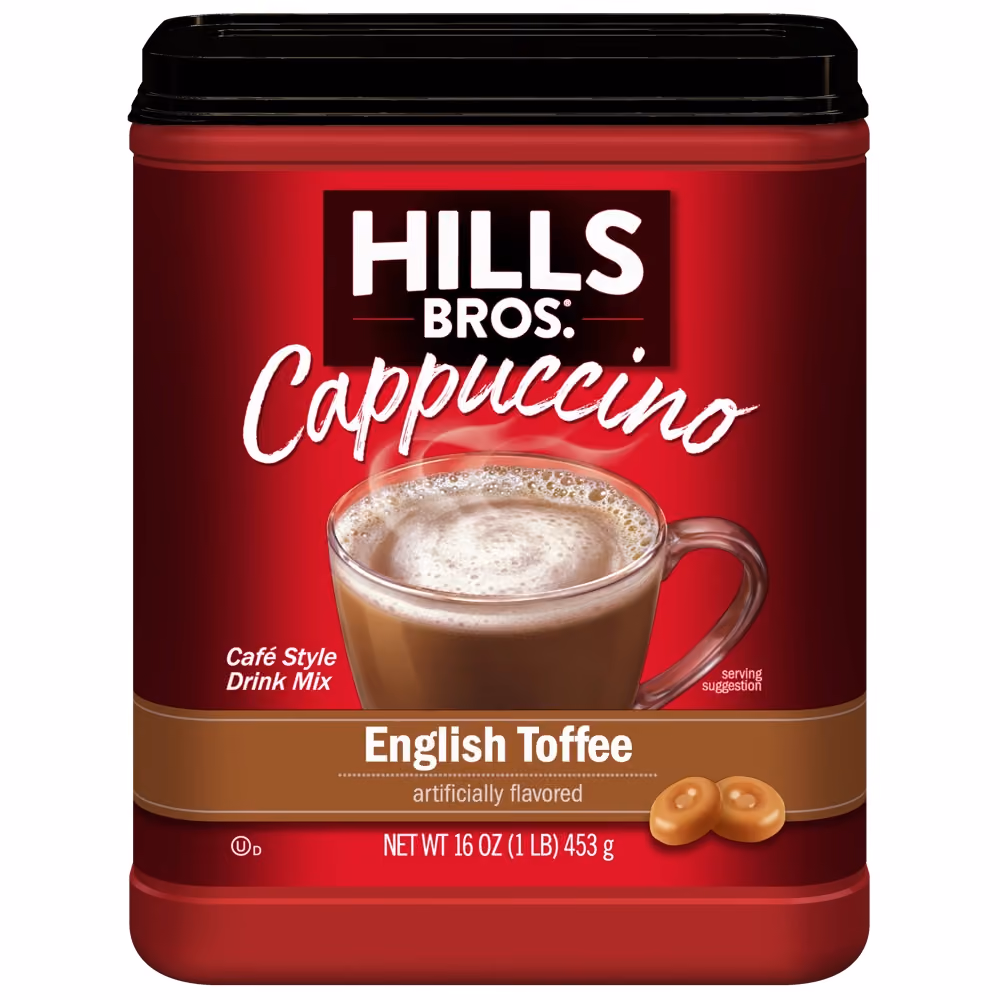 A canister of Hills Bros. English Toffee cappuccino instant drink mix