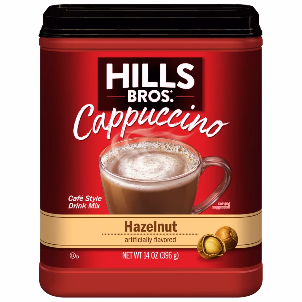 A canister of Hills Bros. Hazelnut cappuccino instant drink mix