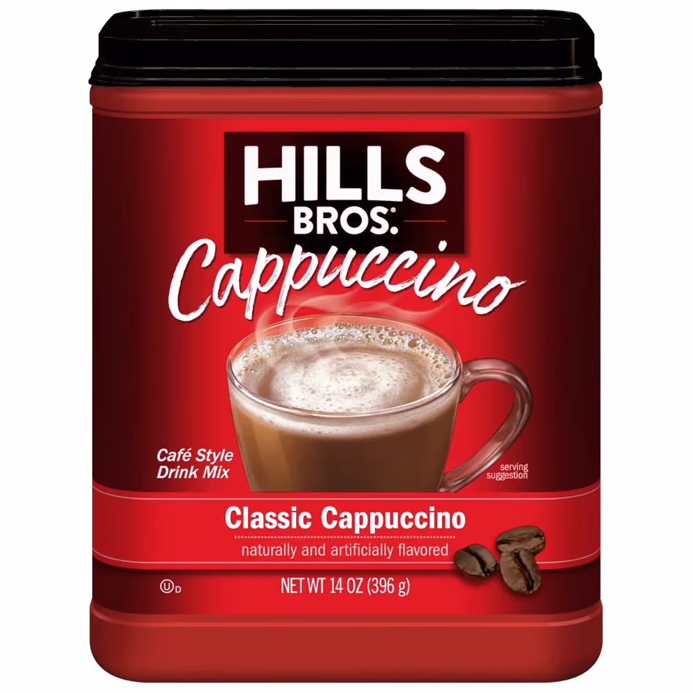 A canister of Hills Bros. Classic Cappuccino instant drink mix