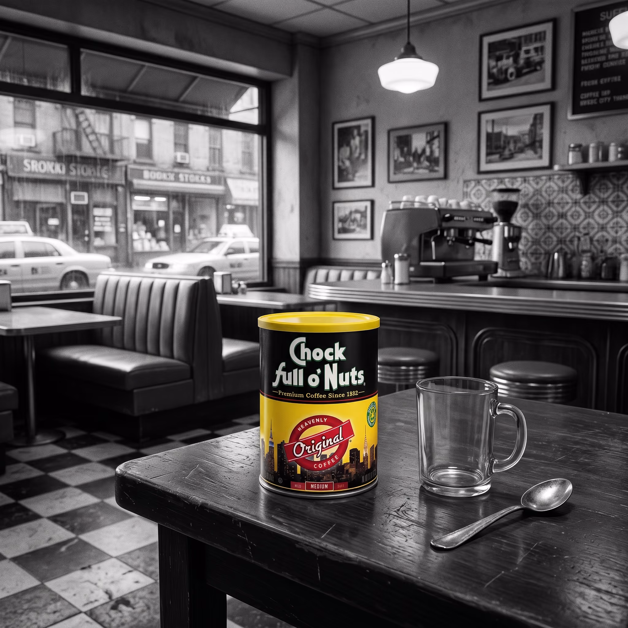A Chock full o'Nuts Original coffee can on a New York diner table, the room behind it in black and white