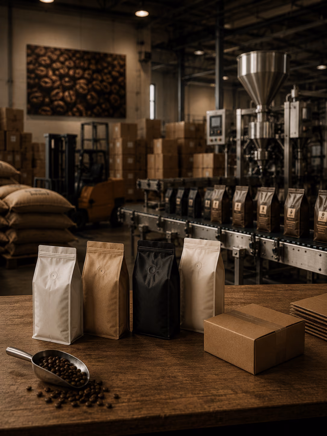 Unbranded coffee bags on a workbench in front of an automated filling line