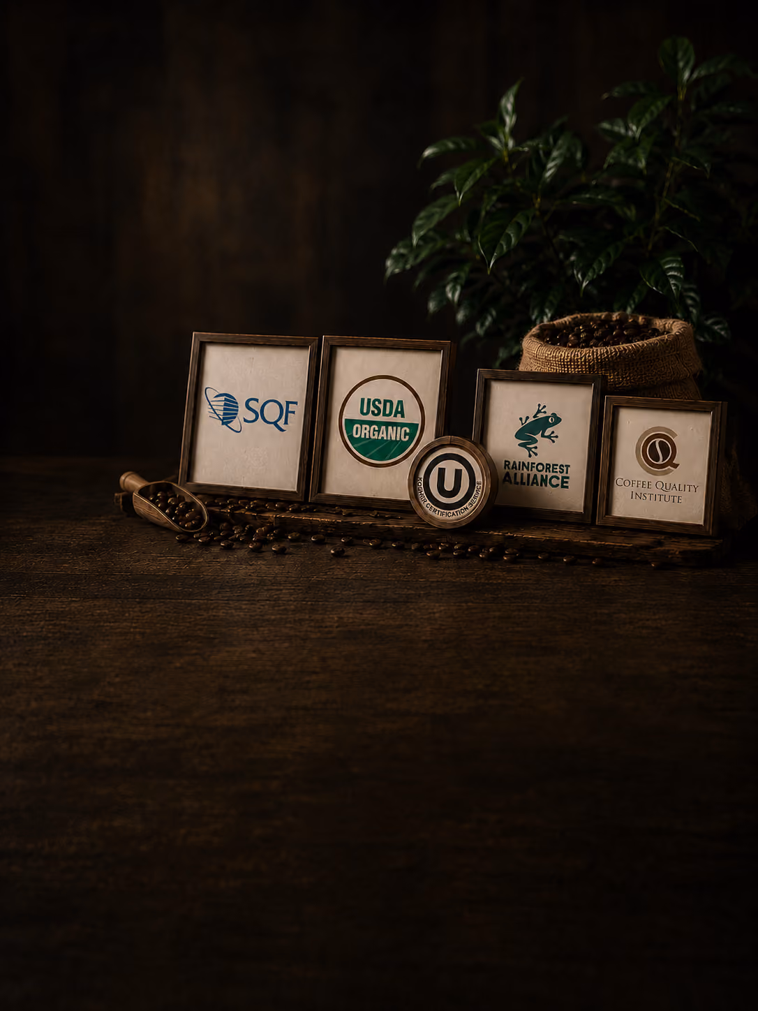 Framed SQF, USDA Organic, Kosher, Rainforest Alliance and Coffee Quality Institute certification marks beside a coffee plant
