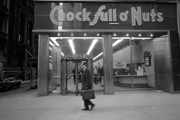 The Chock full o'Nuts storefront in black and white