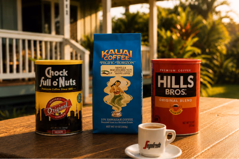 Chock full o'Nuts, Kauai Coffee and Hills Bros. packages with a Segafredo espresso cup