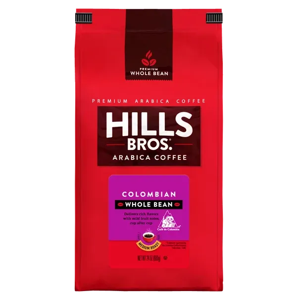 A bag of Hills Bros. 100% Colombian whole bean arabica coffee