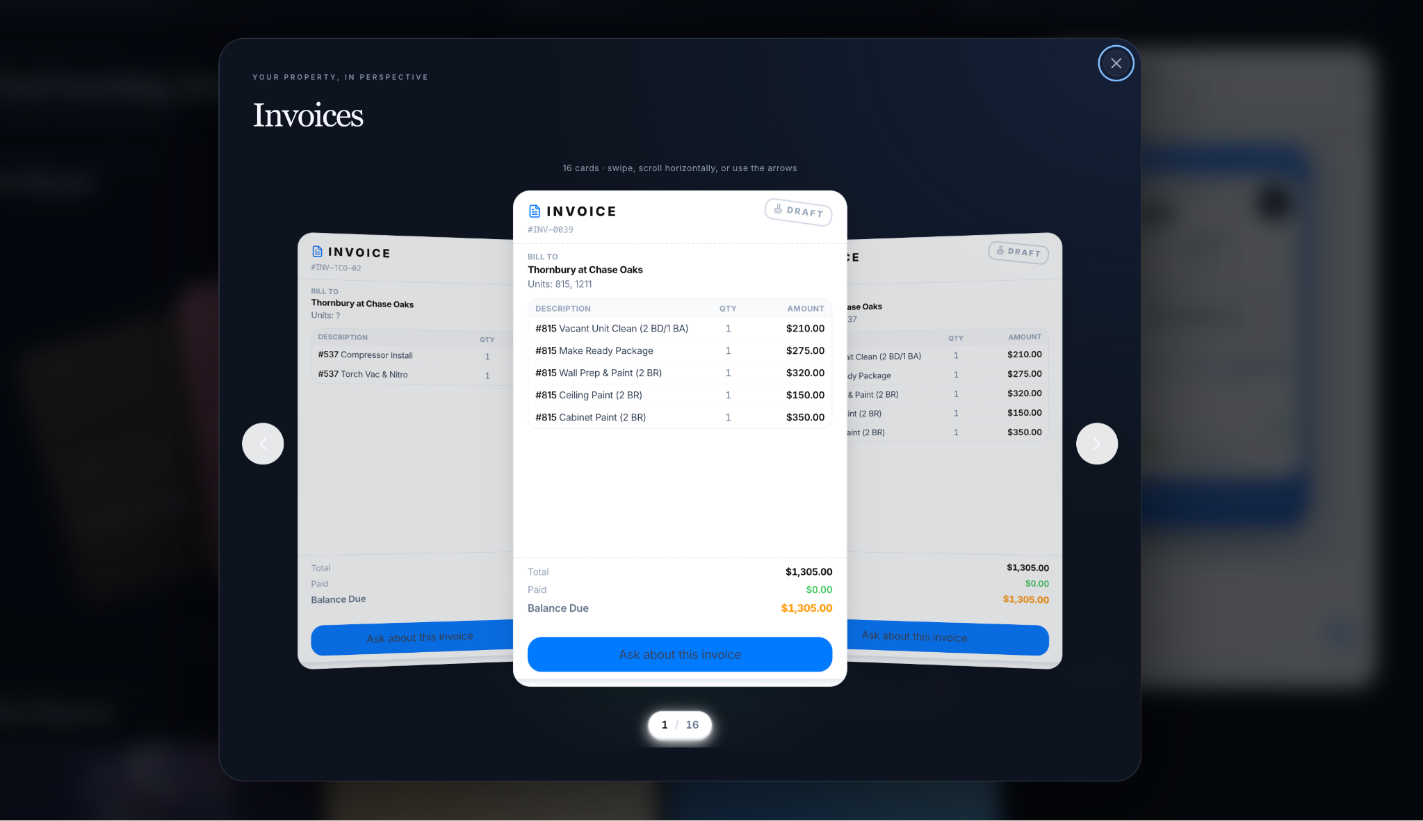 HALO Manager invoice cards opened in a scrollable Rolodex
