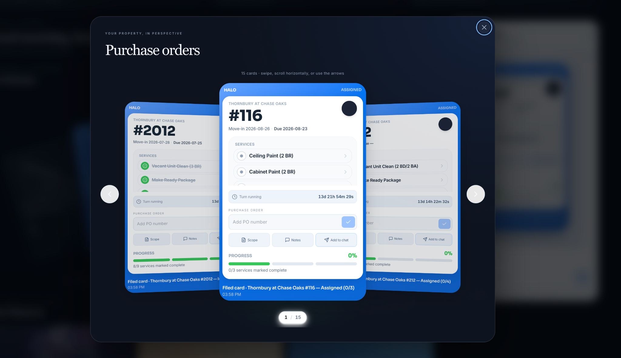 HALO unit card with purchase order input, scope, notes, and Add to chat