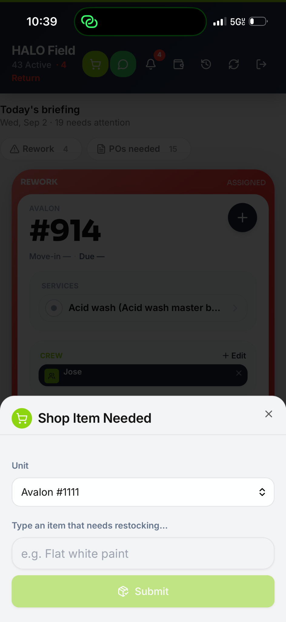 HALO Field shopping request form linking a restock item to a selected property unit.