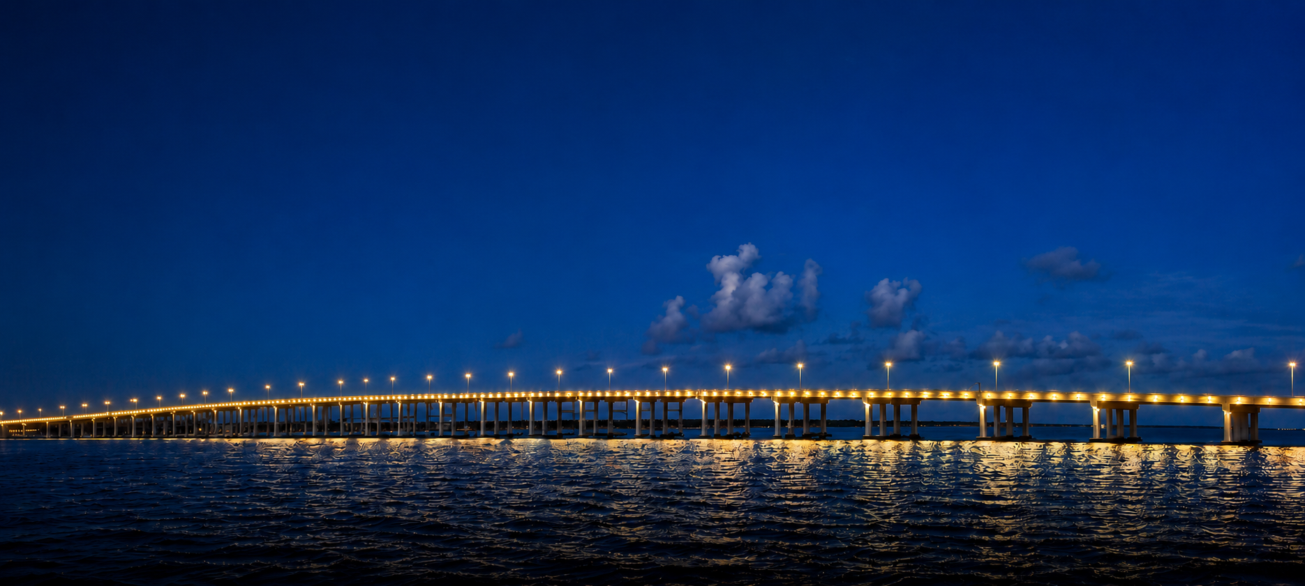 Mississippi Gulf Coast bridge over the water at night