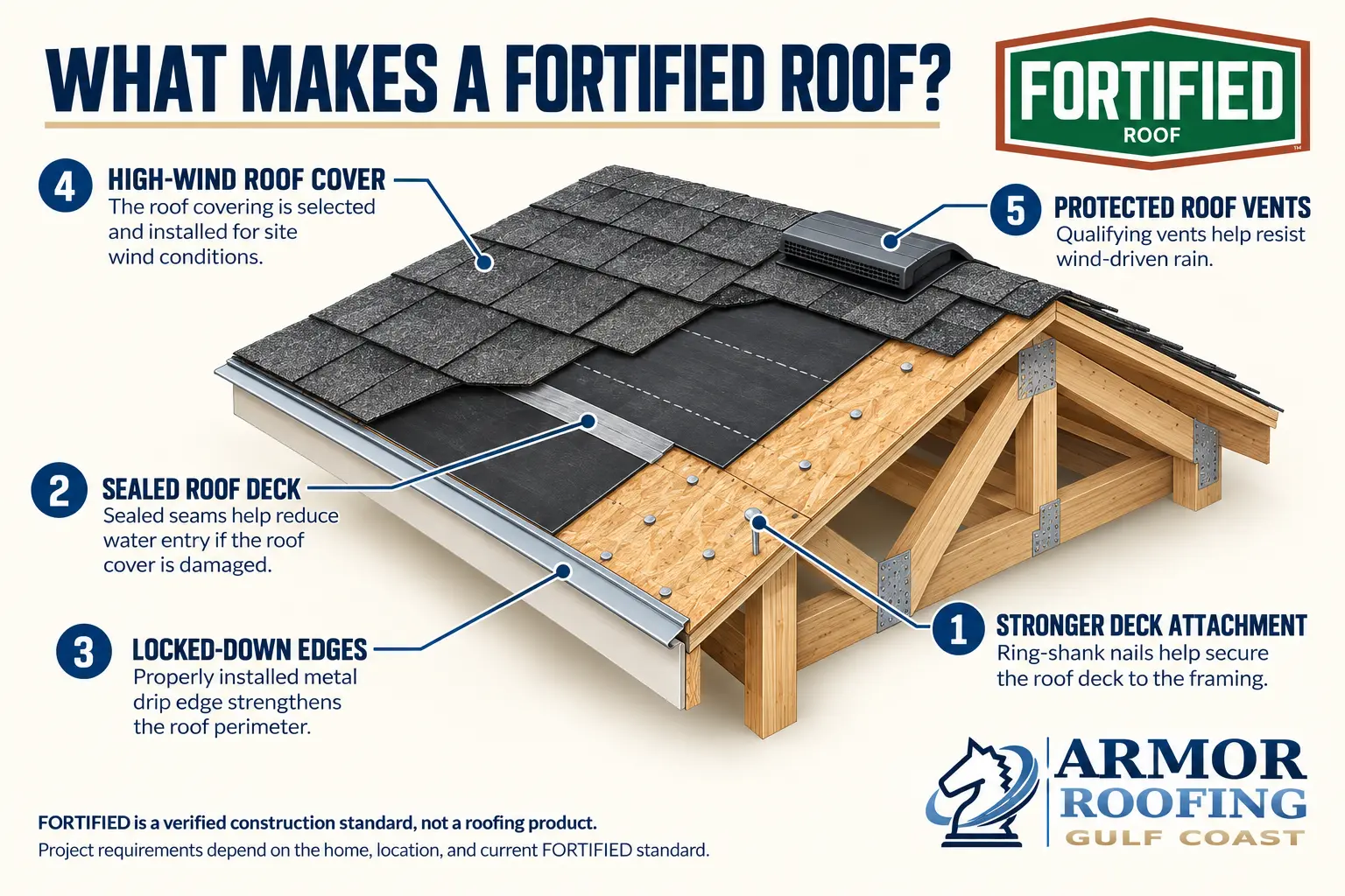 FORTIFIED Roof system anatomy showing stronger roof deck attachment, sealed roof deck seams, metal drip edge, high-wind asphalt shingles, and a protected roof vent.