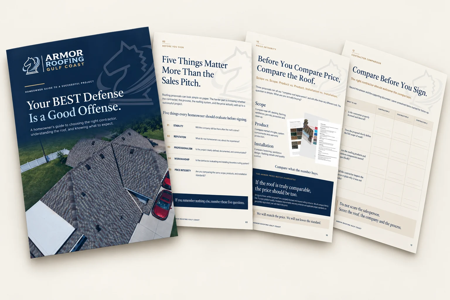 Armor Roofing Gulf Coast homeowner guide showing contractor evaluation, roof proposal comparison, and pricing guidance.