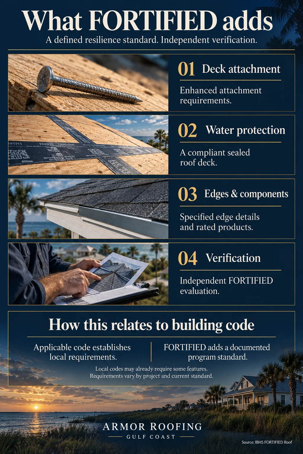 Comparison of applicable roofing-code requirements and FORTIFIED requirements for attachment, water protection, roof edges, and verification.