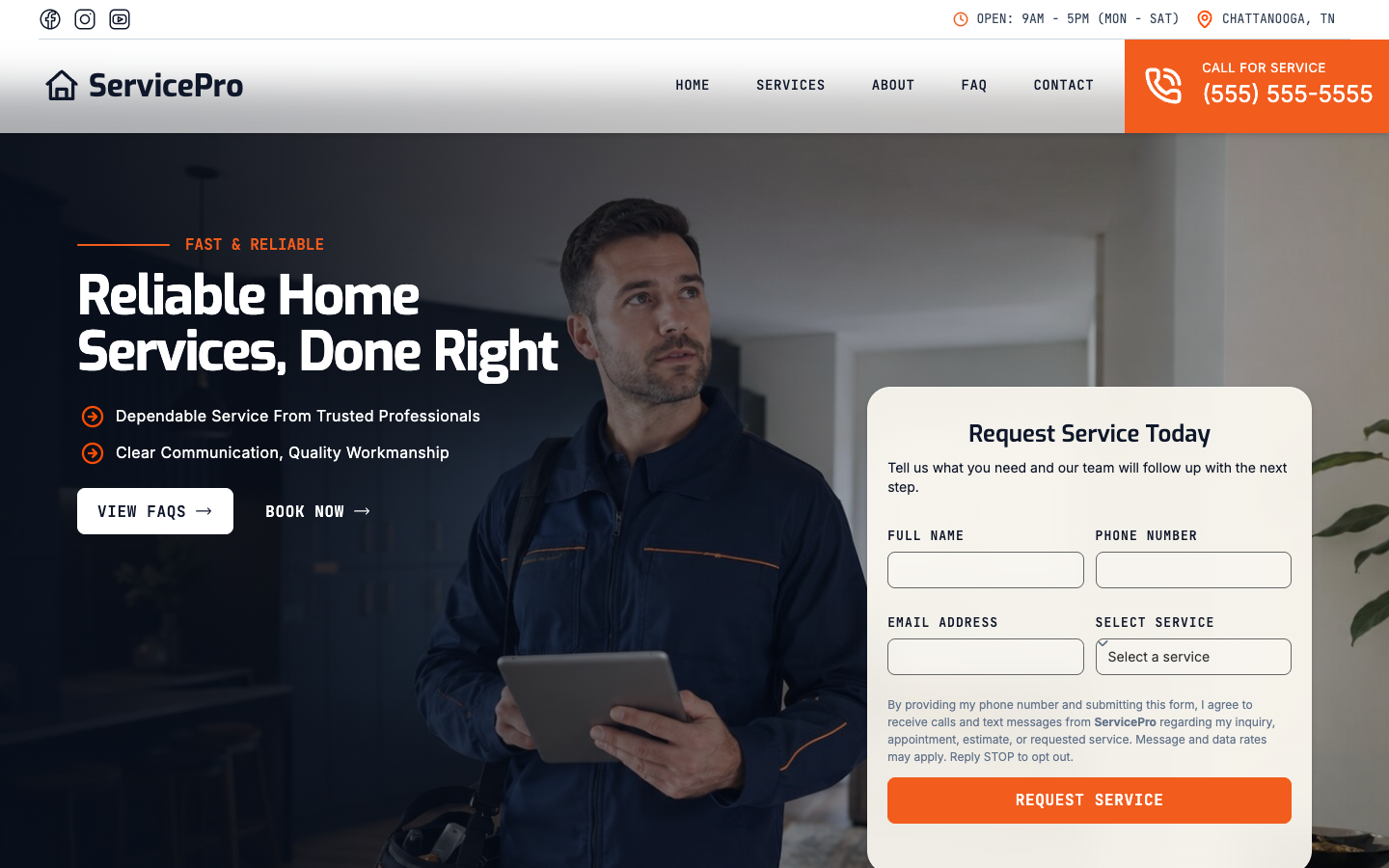 ServicePro website desktop homepage shown in a laptop frame