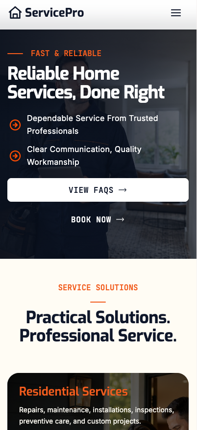 ServicePro responsive mobile homepage shown in a phone frame