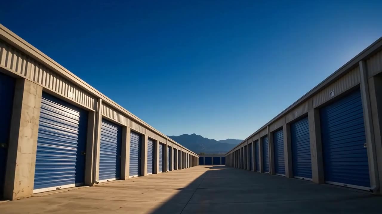 Drive aisle of a self-storage facility with blue roll-up doors