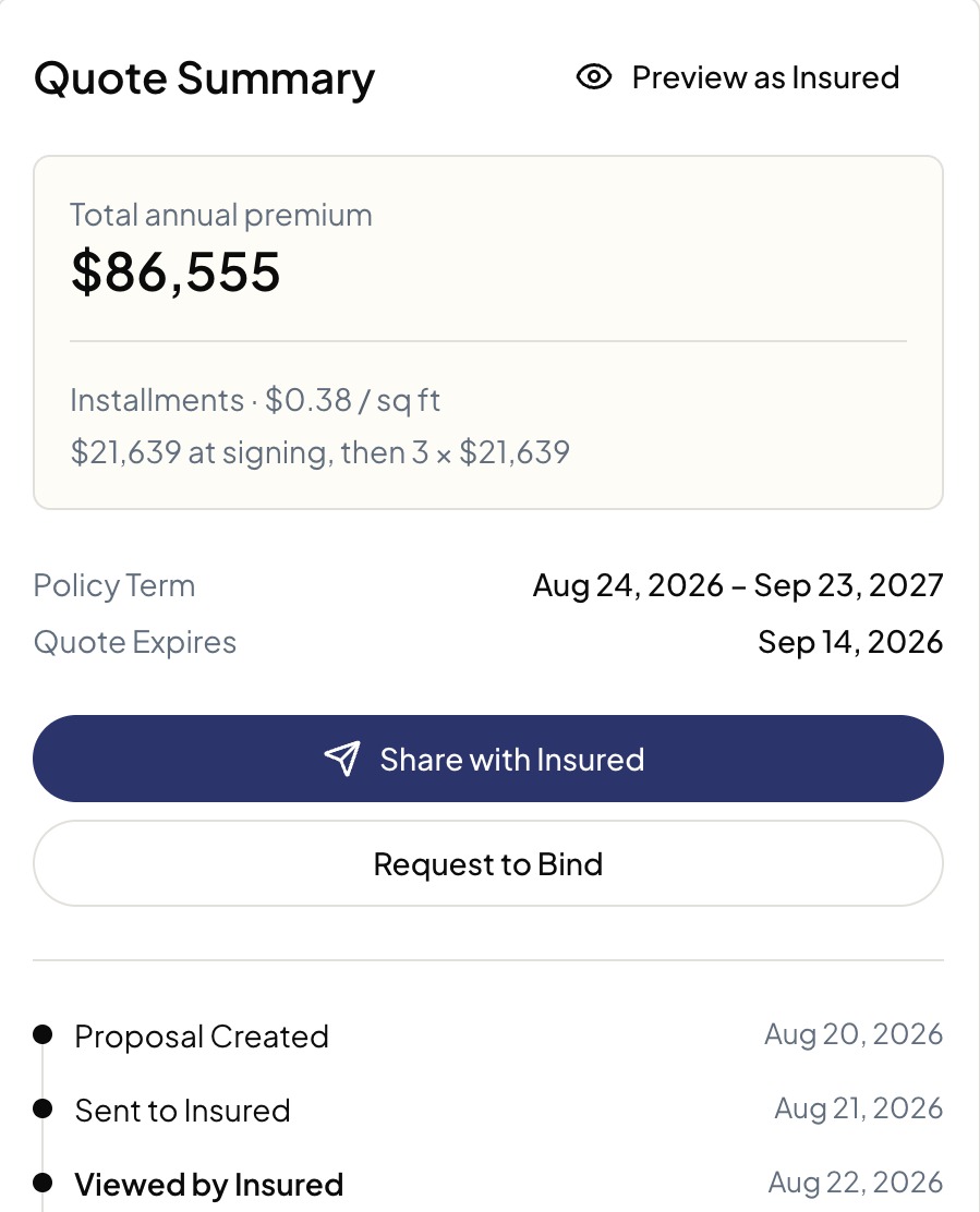 Quote summary with share with insured and request to bind