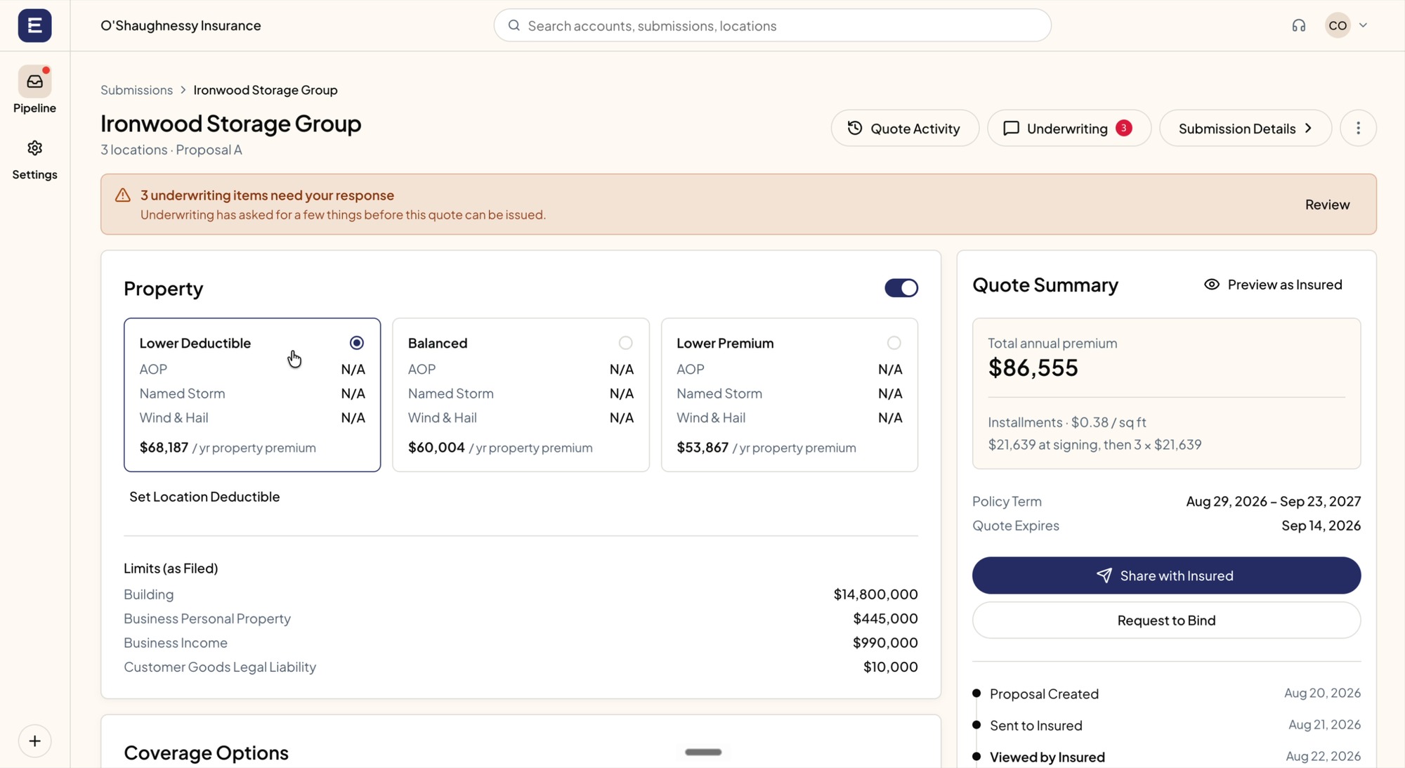 Deductible options beside the quote summary