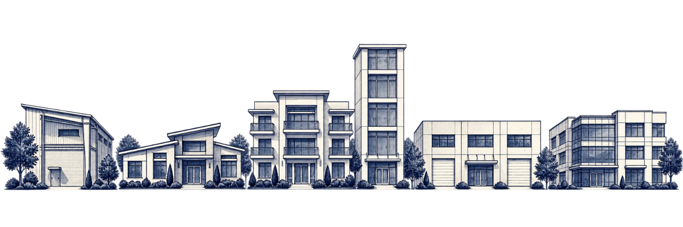 Watercolour panorama of the commercial streetscape