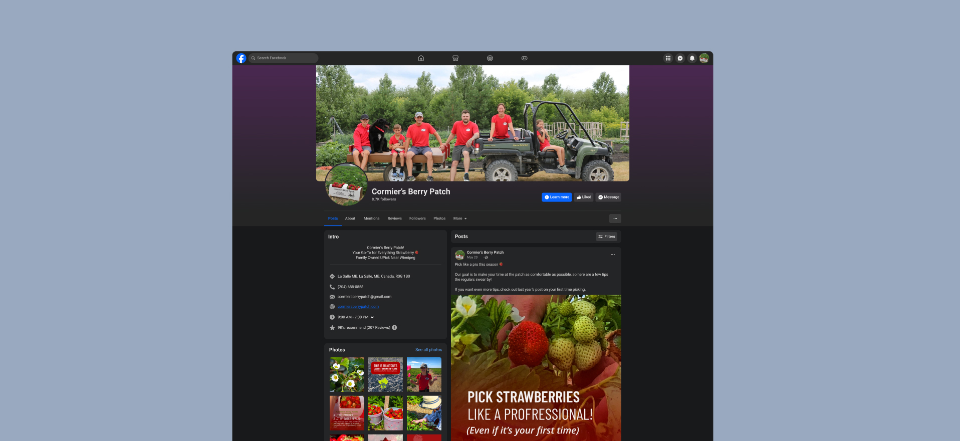 Facebook page design for Cormier's Berry Patch, La Salle