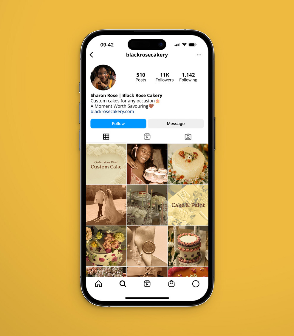 Black Rose Cakery Instagram feed with cake photography and brand posts