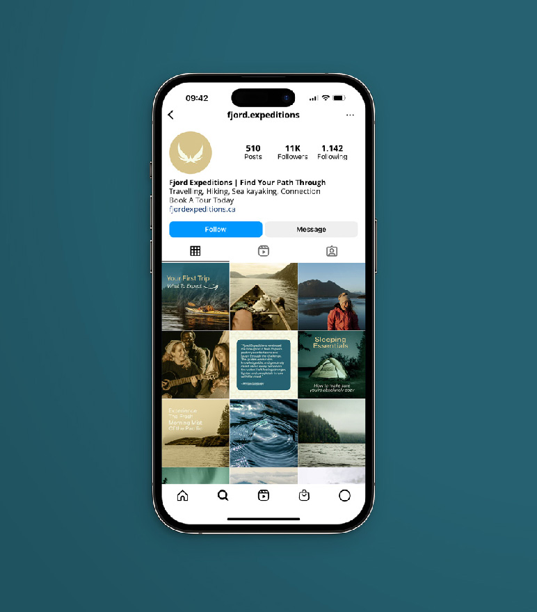 Fjord Expeditions Instagram feed with kayaking and coastal photography