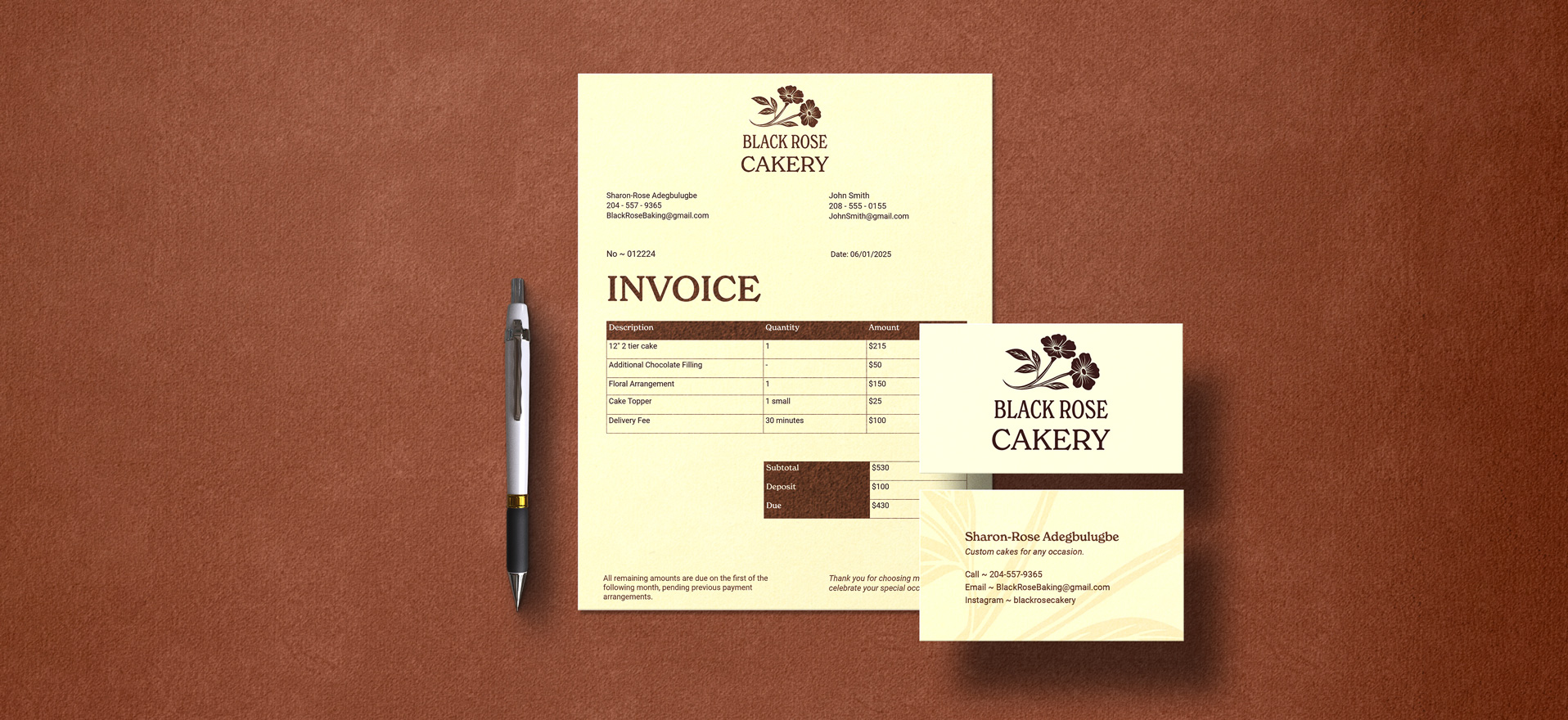 Black Rose Cakery brand stationery set