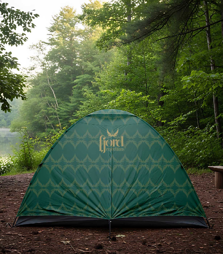 Fjord Expeditions branded tent with a custom pattern design