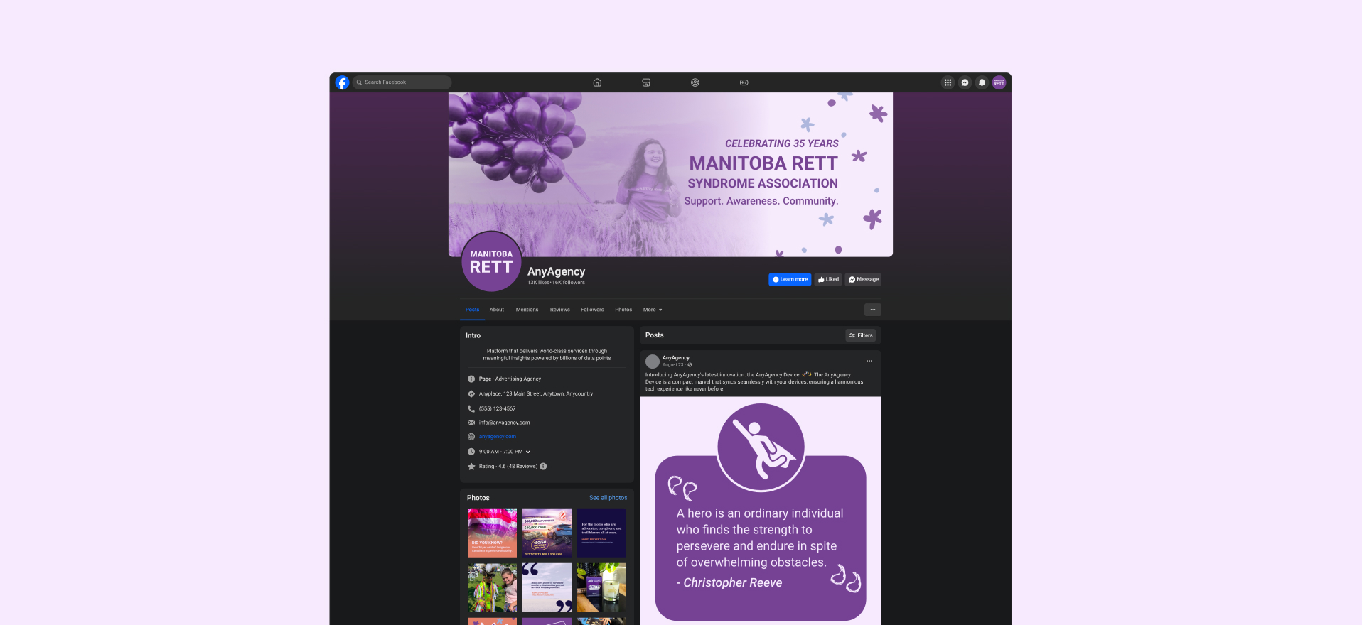 Facebook page design for the Manitoba Rett Syndrome Association