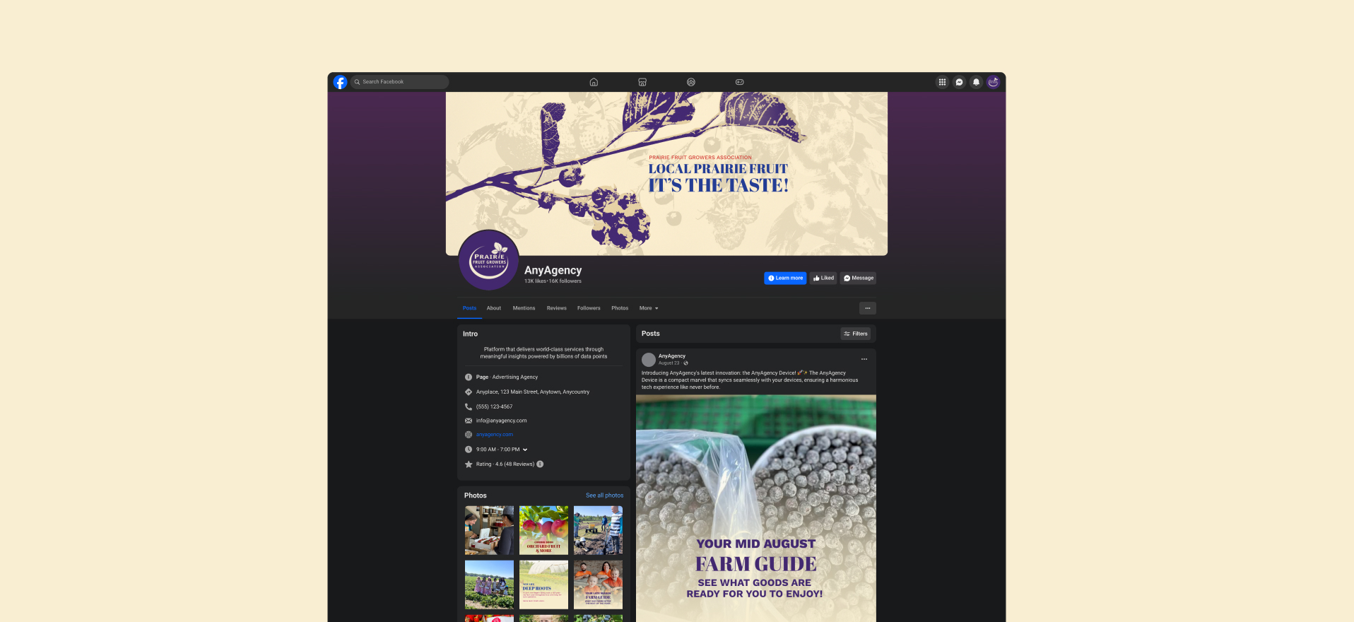 Facebook page design for the Prairie Fruit Growers Association