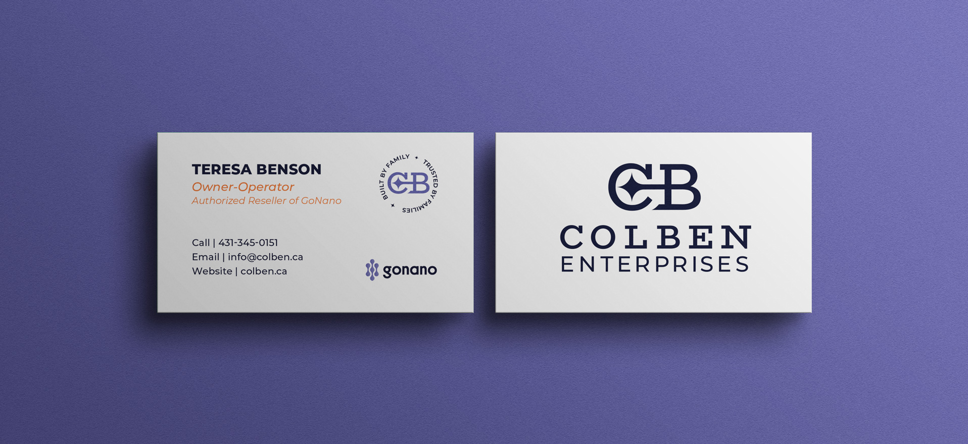 Colben Enterprises business cards, front and back, with the CB monogram