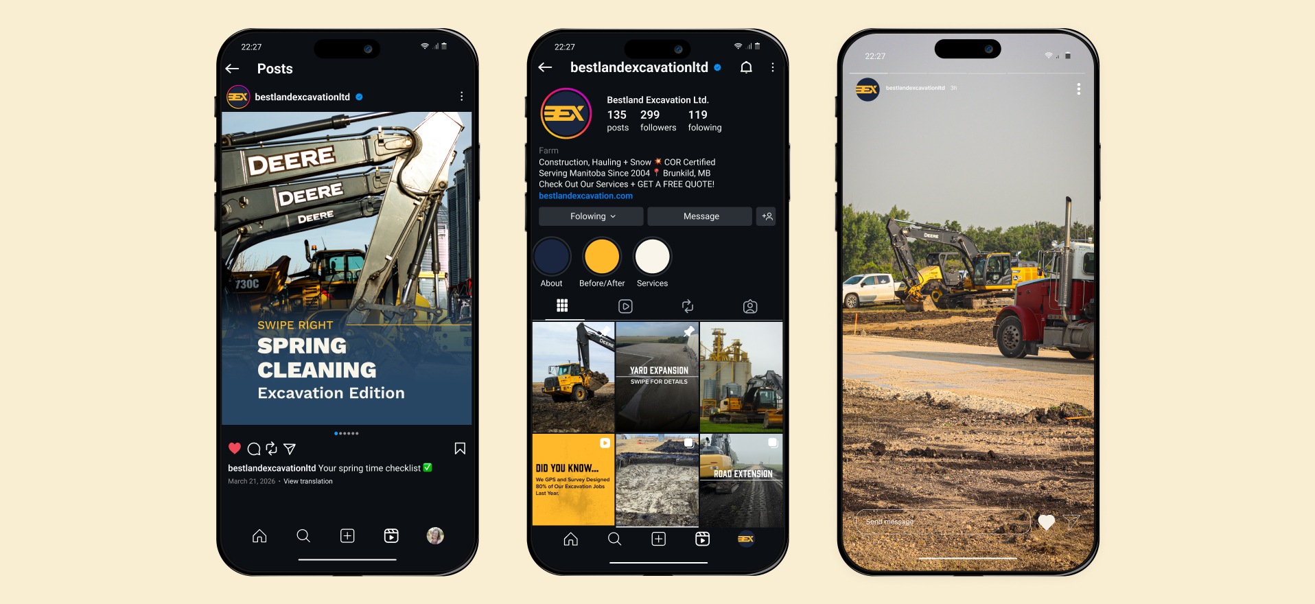 Bestland Excavation Instagram feed with equipment and job site posts