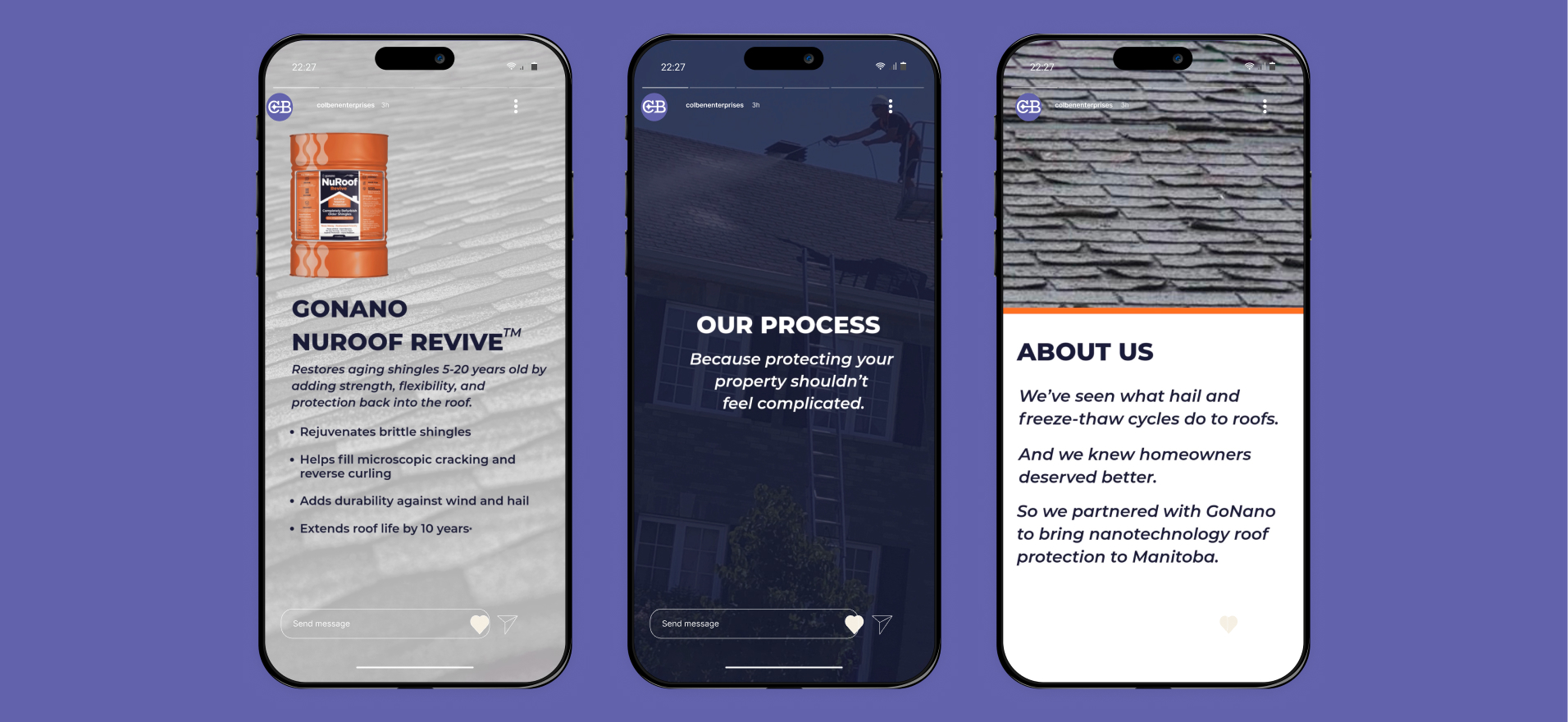 Colben Enterprises Instagram feed showing branded posts about roof protection