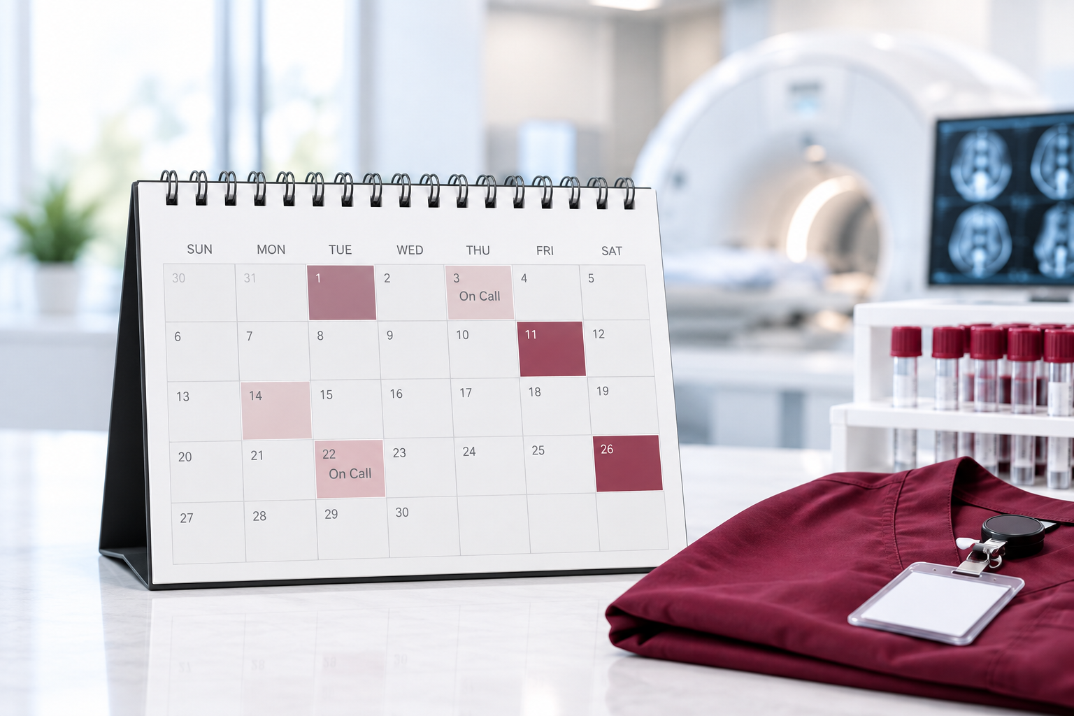Diagnostic imaging schedule calendar with on-call shifts, illustrating healthcare recruiting and work schedule preferences.