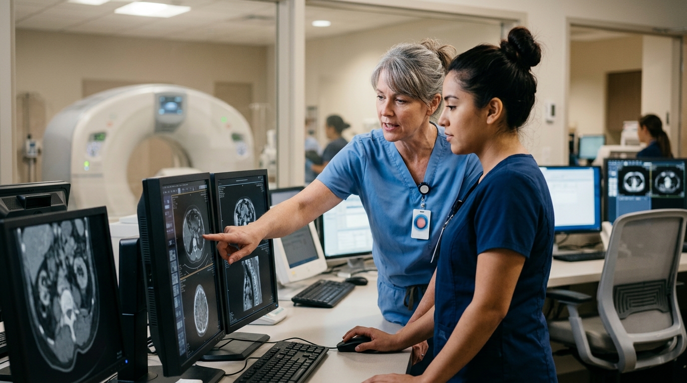 Experienced radiologic technologist mentoring a colleague while reviewing medical images in a CT imaging department.