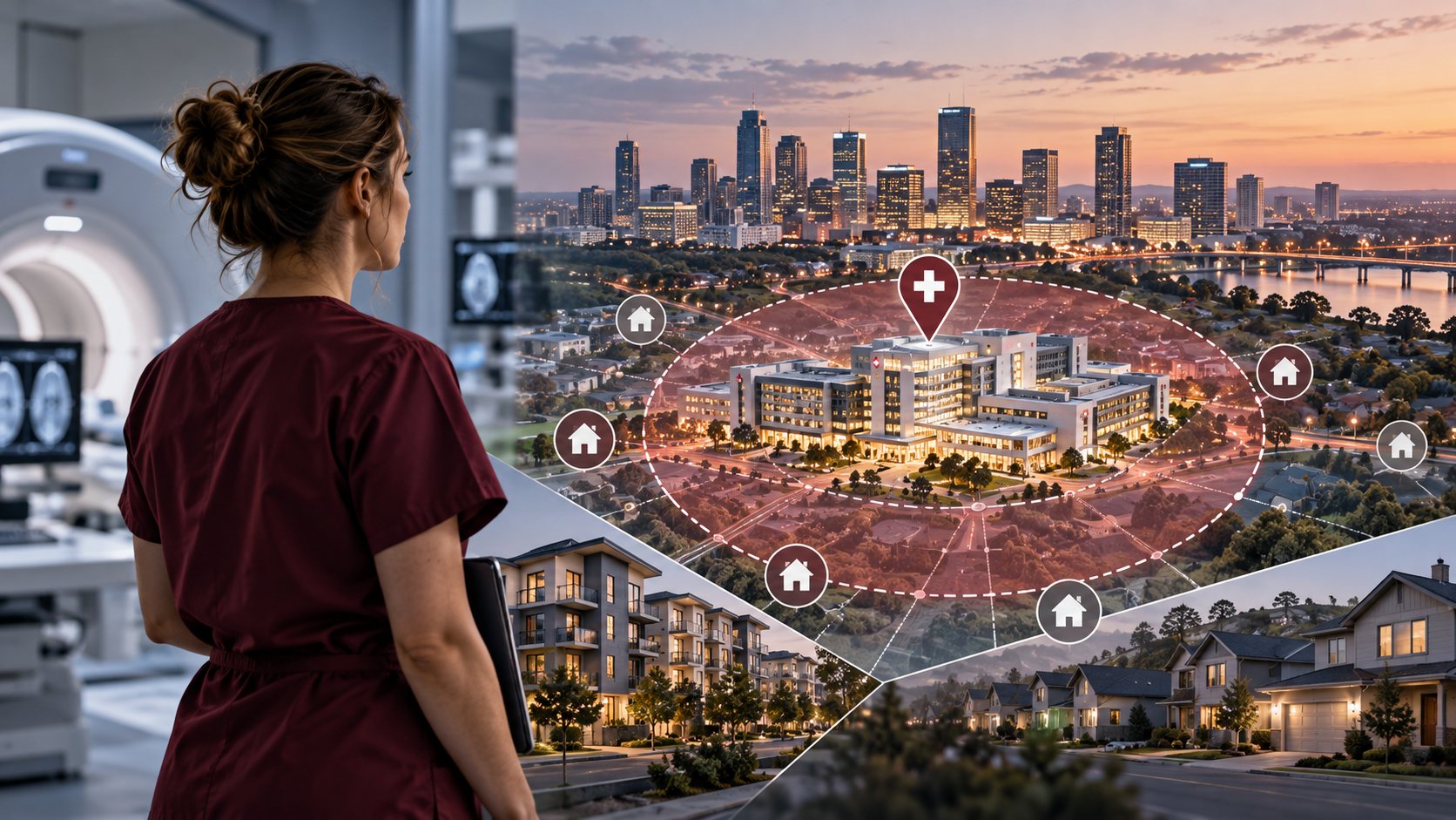 Imaging technologist overlooking a hospital and surrounding residential neighborhoods, illustrating how rising housing costs and on-call response time requirements impact healthcare recruitment.