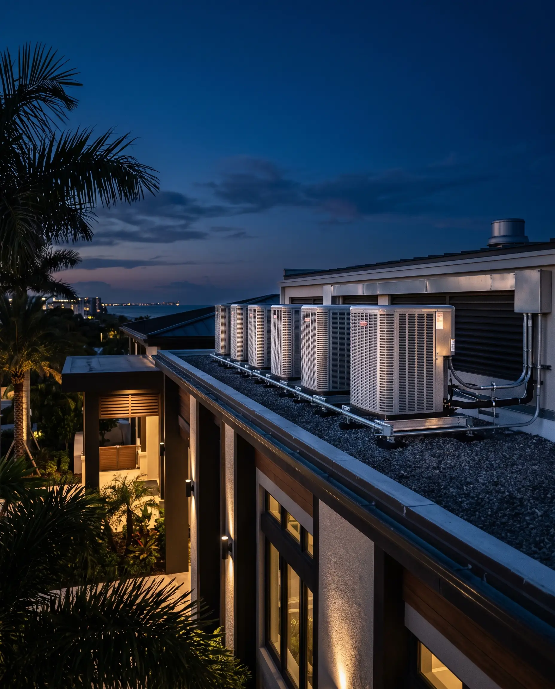 Rooftop HVAC condensers at a Southwest Florida condominium at dusk